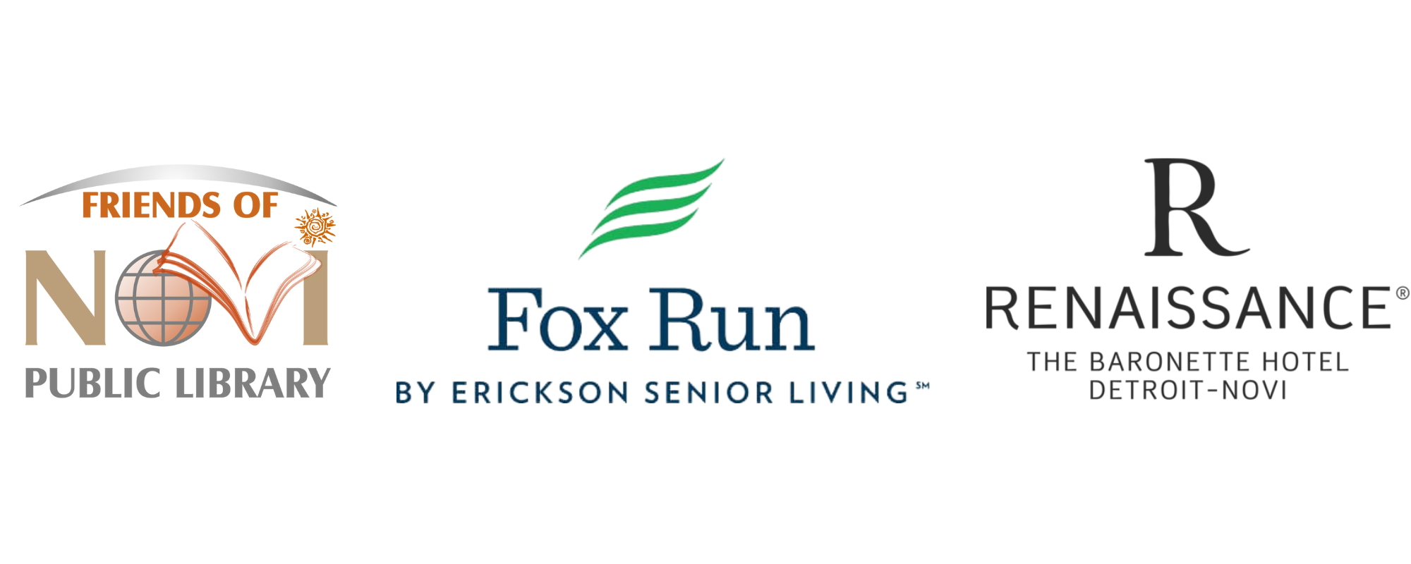 Logos for Friends of Novi Library, Fox Run by Erickson Senior Living and Renaissance The Baronette Hotel Detroit-Novi