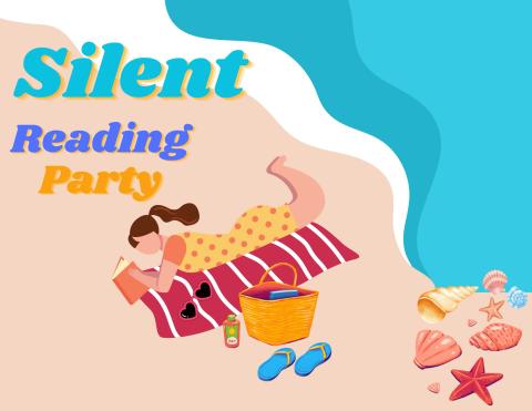 Image of a woman lying on a towel reading at the beach, text says "Silent Reading Party"