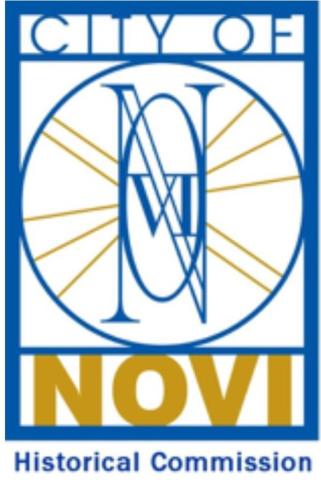 Blue, white and gold image of the Novi Historical Commission Logo