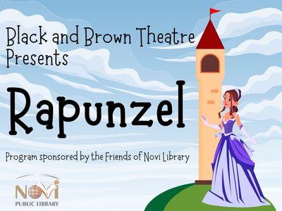 Black and Brown Theatre Presents Rapunzel, Program sponsored by the Friends of Novi Library, NPL log with castle and princess in dress