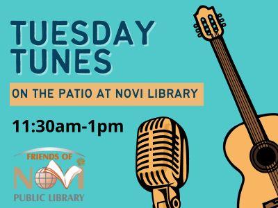 Tuesday Tunes on the Patio at the Library 11:30am-1pm; Friends of NPL Logo with guitar & microphone