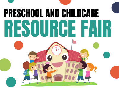 Preschool and Childcare Fair with cartoon image of kids climbing on a school; dots in the background