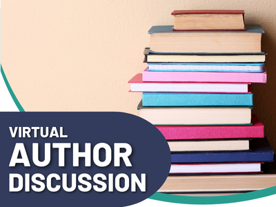 Text: Virtual Author Discussion, with a stack of books in the background