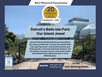 Vlue background, image of botanical garden. Advertising Event at 7pm on March 20th about Belle Isle Park