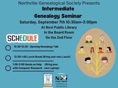 Intermediate Geneaology Seminar Saturday Sept. 7th 10:30am-3pm