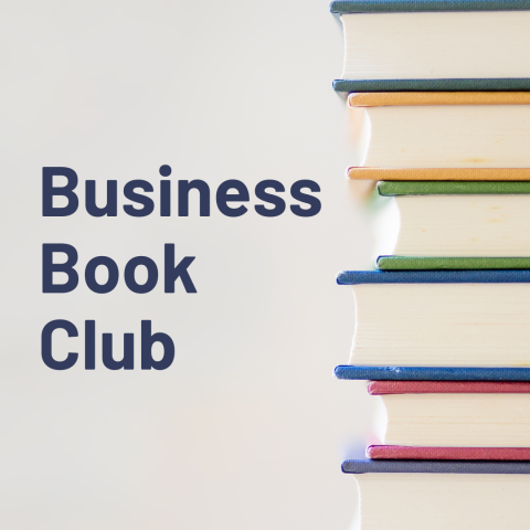 Image of a stack of book edges on right an off-white background with text on left that says Business Book Club