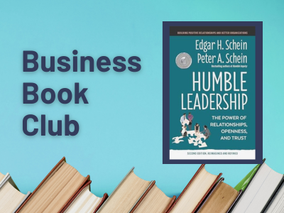 Image promoting the Business Book Club. Background color blue with books at the bottom for decoration. Words say Business Book Club. Image of a generic book with a black cover.