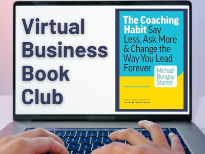 Image promoting the Virtual Business Book Club. Image is of a laptop. On the laptop screen is an image of a book with a black cover and the words Virtual Business Book Club.