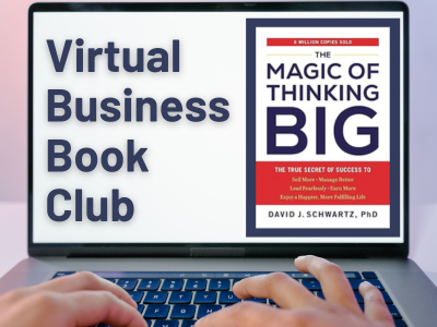 Image promoting the Virtual Business Book Club. Image is of a laptop. On the laptop screen is an image of a book with a black cover and the words Virtual Business Book Club.