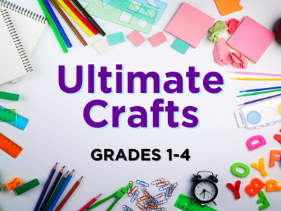 Colorful art supplies scattered on a white background including pencils, scissors, rulers, and stencils. Bold purple text reads 'Ultimate Crafts – Grades 1–4.
