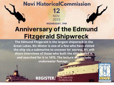 History talk about the sinking of the edmund Fitzgerald on November 12th, 2025 at 7pm at the Novi Public Library