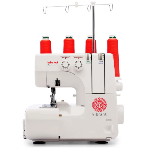 Picture of Baby Lock Vibrant serger sewing machine threaded with red cone thread. 