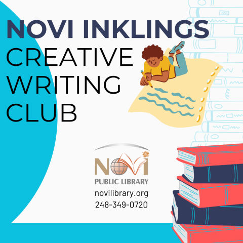 Novi Inklings Creative Writing Club promotional image shows a person writing.