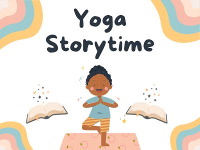 Illustration for 'Yoga Storytime.' A smiling child stands in tree pose on a pink yoga mat decorated with cherries. Two open books float on either side, with sparkles and stars surrounding them. The background features a white space bordered by colorful wavy lines in shades of peach, blue, and yellow. Text at the top reads 'Yoga Storytime' in bold, playful font.