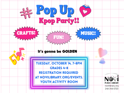 Flyer with blue and pink text bubbles. Pop Up Kpop Party 