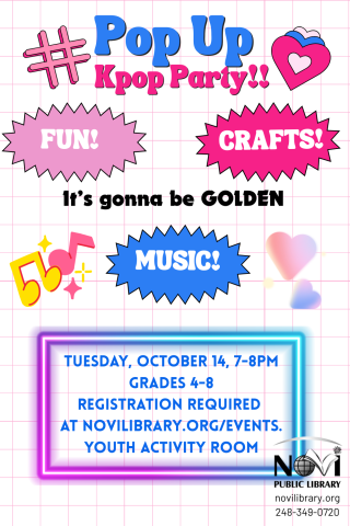 Flyer with blue and pink text bubbles. Pop Up Kpop Party 