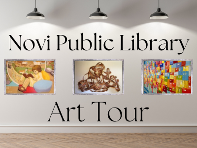 Promotional image for the Novi Public Library Art Tour. The design shows a gallery-style wall with three framed artworks under hanging lights. The text “Novi Public Library” appears above the artworks, and “Art Tour” appears below. The displayed artworks include an illustration of a person reading with children, an abstract sculpture of intertwined brown ribbons, and a colorful geometric painting with squares in various bright shades.