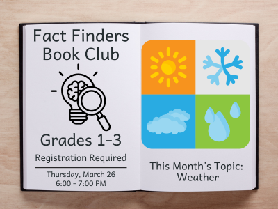 An open book graphic promoting the Fact Finders Book Club for grades 1–3. The left page includes the magnifying glass and brain icon, with the text “Thursday, March 26, 6:00–7:00 PM, Registration Required.” The right page features four weather icons—a sun, snowflake, cloud, and raindrop—arranged in colored squares, with the caption, “This Month’s Topic: Weather.”