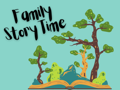 Family Story Time with a tree coming out of a book