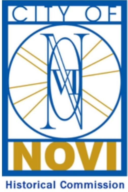 Blue, white and gold image of the Novi Historical Commission Logo