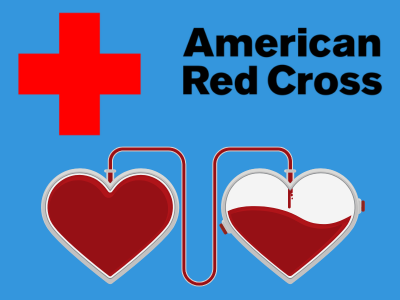 American Red Cross text and logo - two hearts giving blood