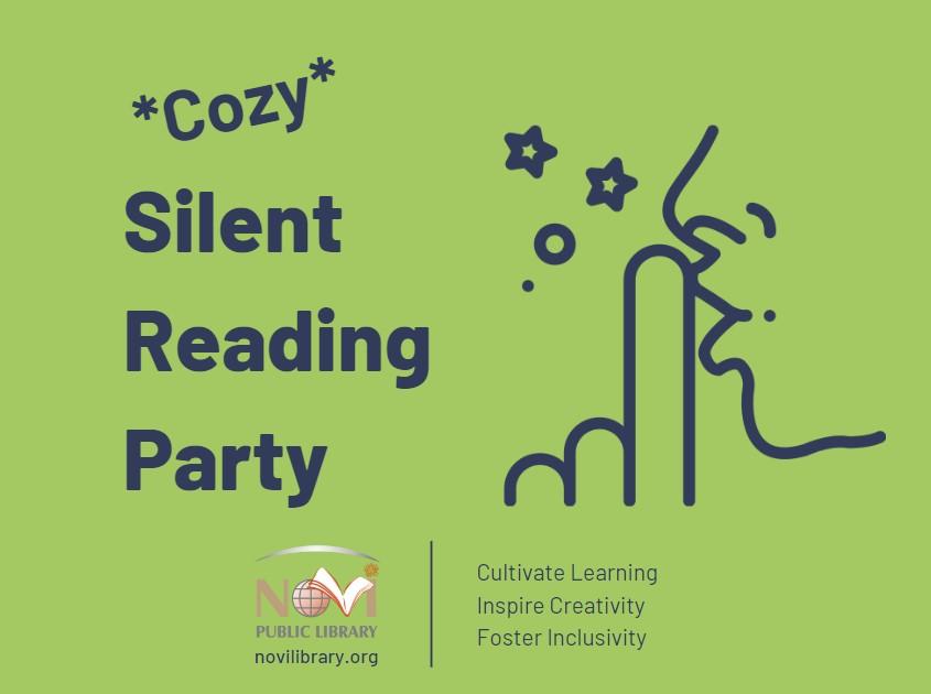 Green background with the words "Cozy Silent Reading Party"